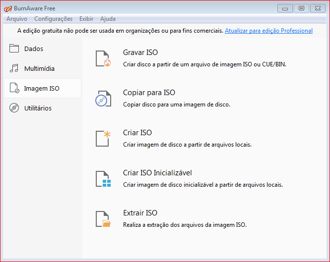 Tela Inicial do BurnWare Free, Programa Gratuito para Gravar CDs e DVDs